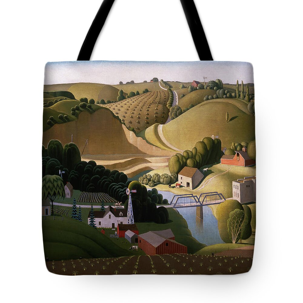 Grant Wood Tote Bag featuring the painting Stone City, 1930 by Grant Wood