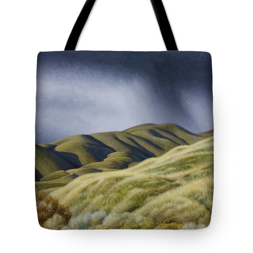 Chris Miles Tote Bag featuring the painting Storm over Red Butte by Chris Miles