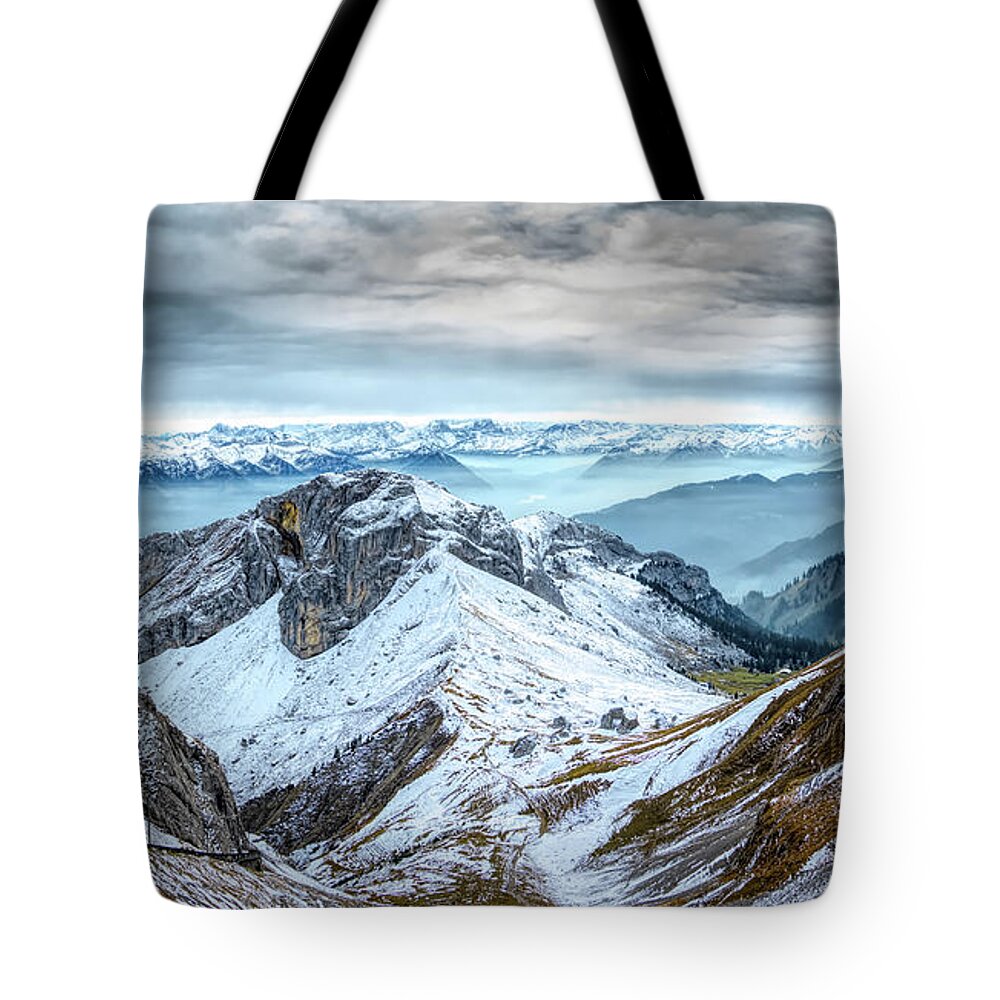 Mountains Tote Bag featuring the photograph Stormy Mountains Panorama, Mount Pilatus, Switzerland by Rick Deacon
