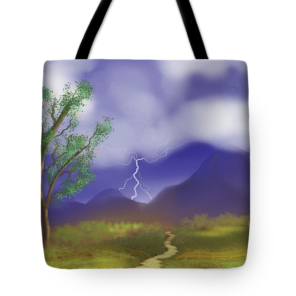 Lightning Tote Bag featuring the digital art Stormy Path by Chance Kafka