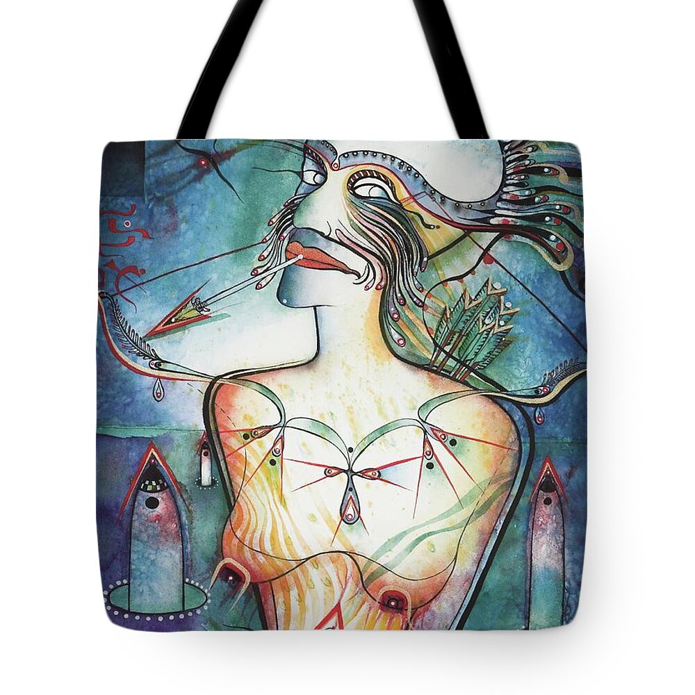 #iconic #icons #symbolic #fantasy #watercolor #straighttonguearrow #balasticmissles #arrows #glenneff #picturerockstudio #thesoundpoetsmusic #iconseries #moutharrow #watercolor #endoftheworld #aliens Www.glenneff.com Tote Bag featuring the painting Straight Tongue Arrow by Glen Neff