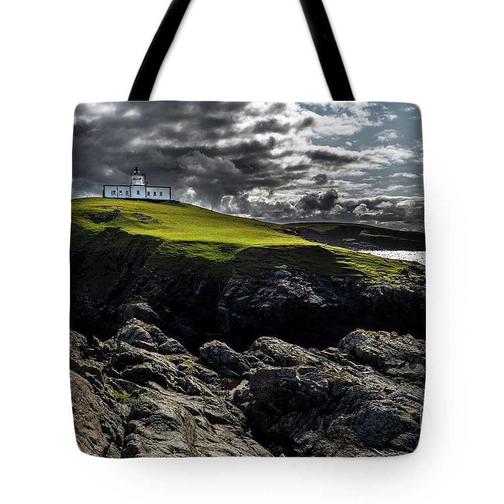 Scotland Tote Bag featuring the photograph Strathy Point Lighthouse In Scotland by Andreas Berthold