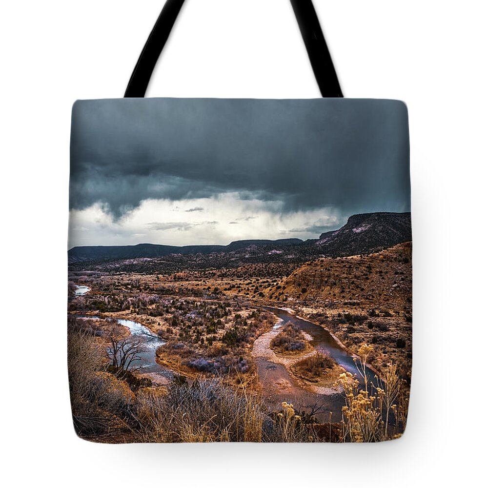 Abiquiu Tote Bag featuring the photograph Stream and a Storm by Robert FERD Frank