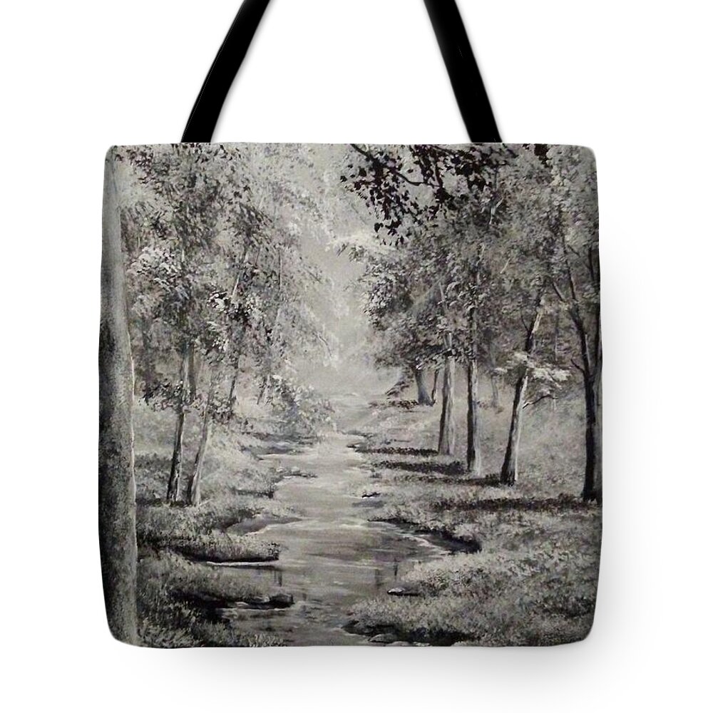 Stream Tote Bag featuring the painting Stream in black and ehite by Mindy Gibbs