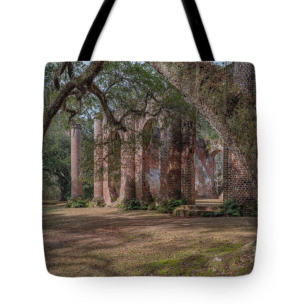 Old Sheldon Church Ruins Tote Bag featuring the photograph Stretching of Time - Old Sheldon Church Ruins by Dale Powell