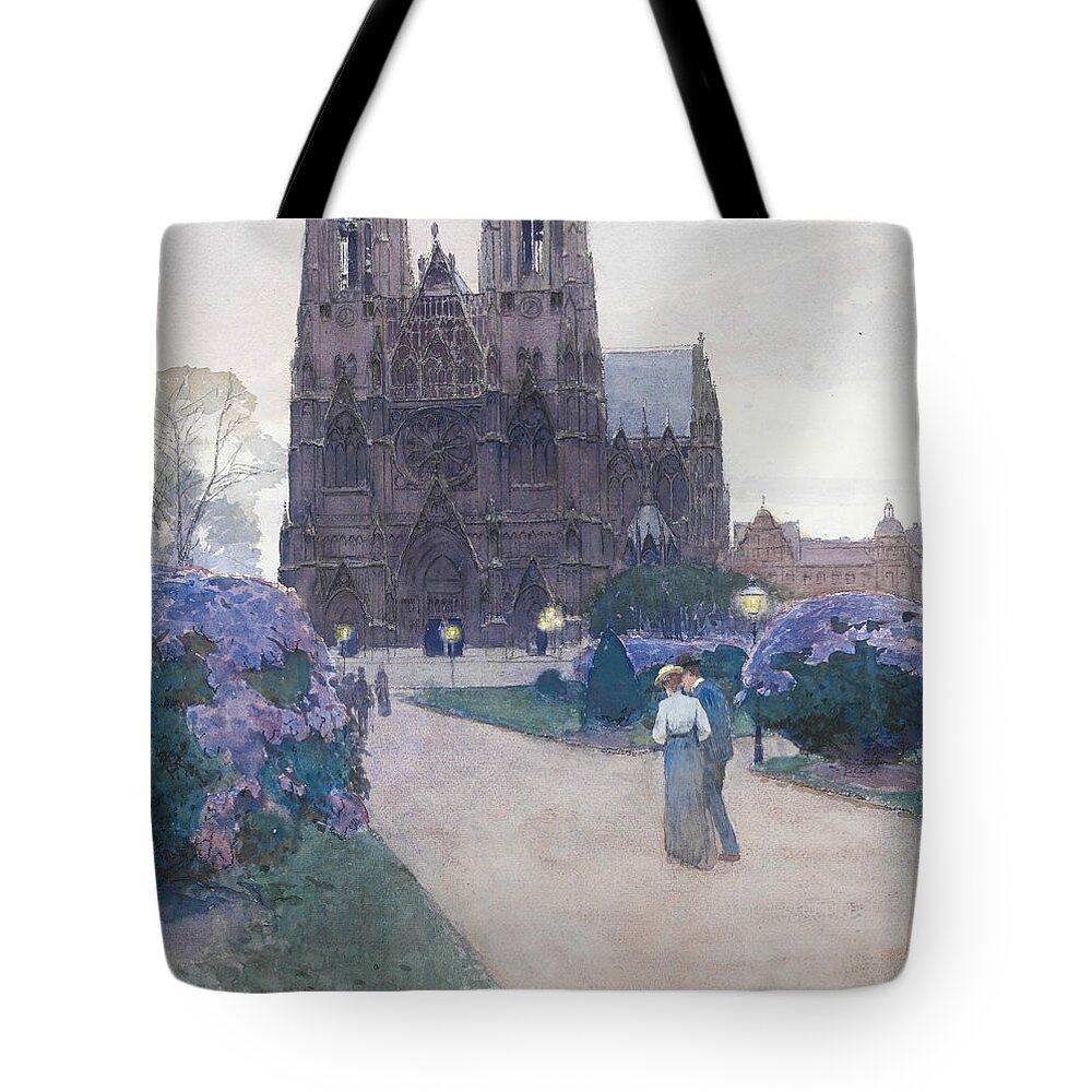 19th Century Art Tote Bag featuring the drawing Stroll in the Gardens of the Votivkirche, Vienna by Carl Moll