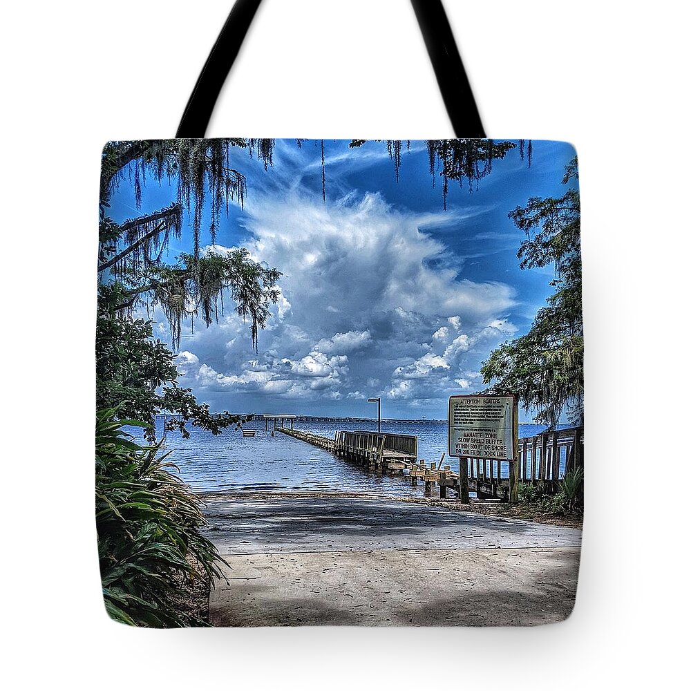Clouds Tote Bag featuring the photograph Strolling by the Dock by Portia Olaughlin