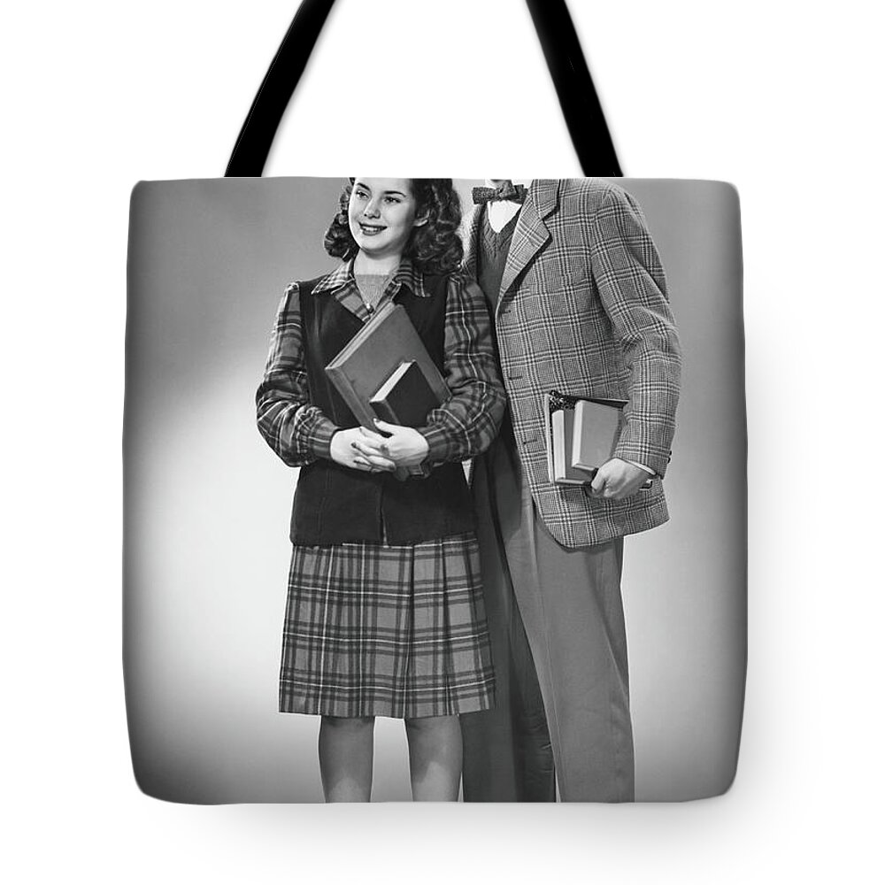 Young Men Tote Bag featuring the photograph Student Couple Posing In Studio, B&w by George Marks