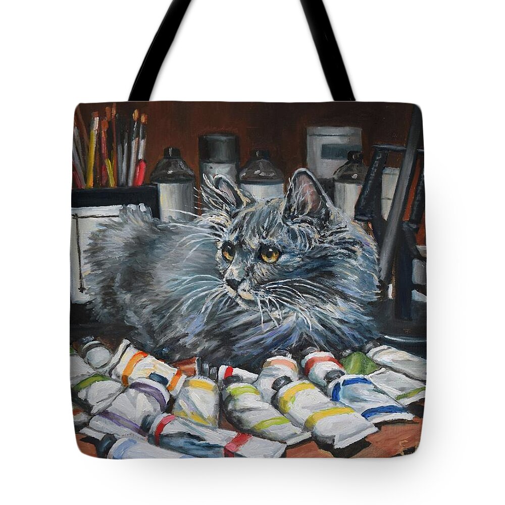 Cat Tote Bag featuring the painting Studio Cat In Training by Eileen Patten Oliver