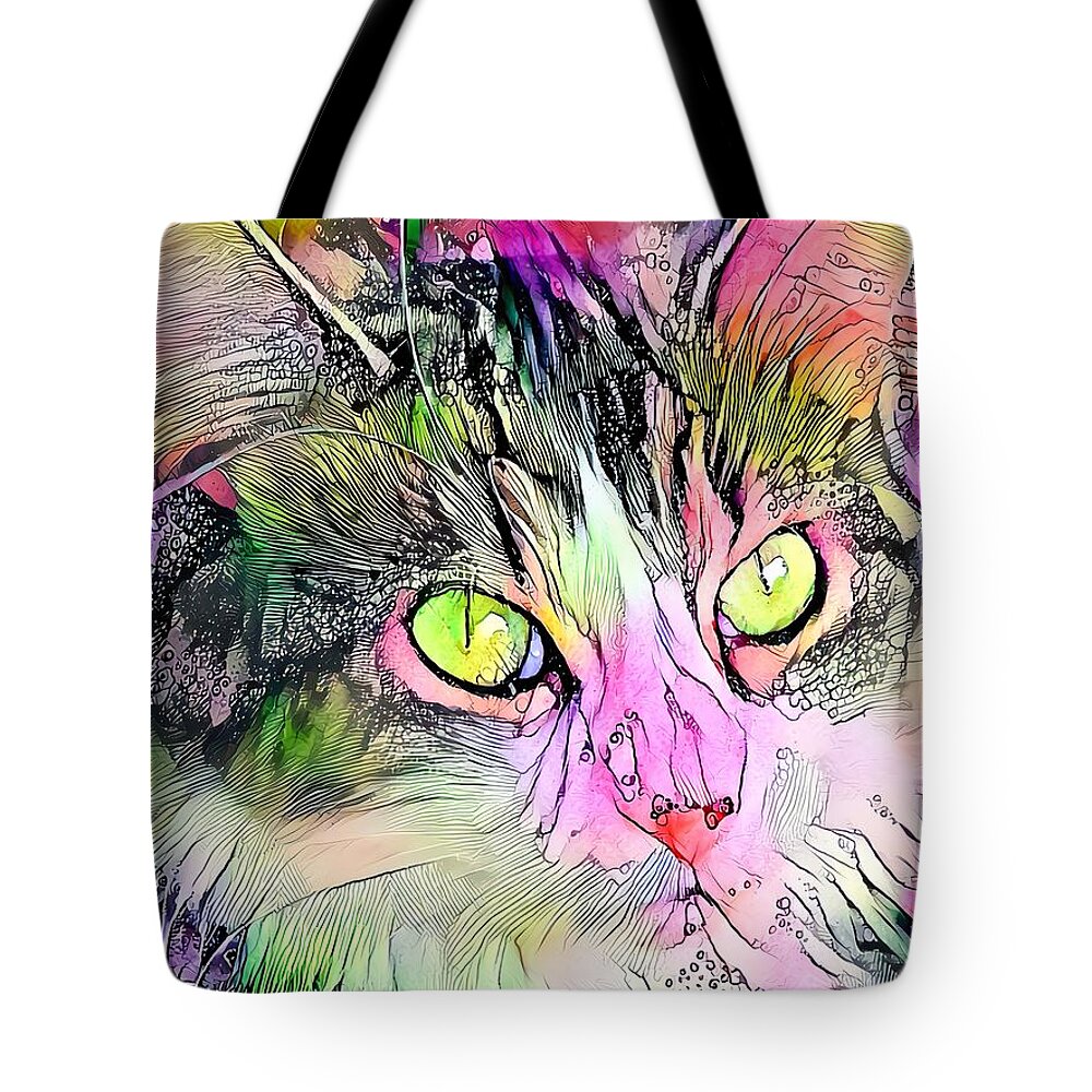 Watercolor. Green Tote Bag featuring the digital art Stunning Watercolor Cat Face Green Eyes by Don Northup