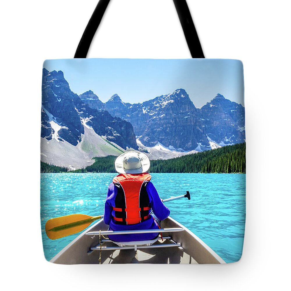 Moraine Lake Tote Bag featuring the photograph Summer Day on Moraine Lake by Douglas Wielfaert