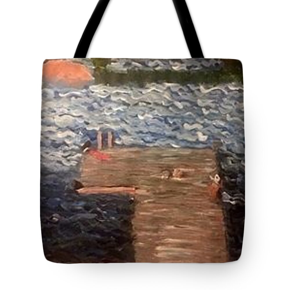 Landscape Tote Bag featuring the painting Summer Dock Waves by Nina Jatania