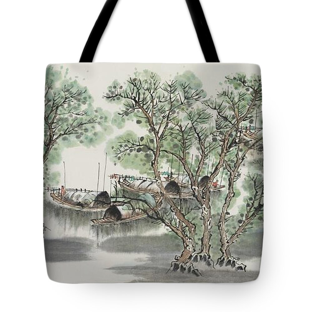 Chinese Watercolor Tote Bag featuring the painting Summer on Taihu Lake by Jenny Sanders