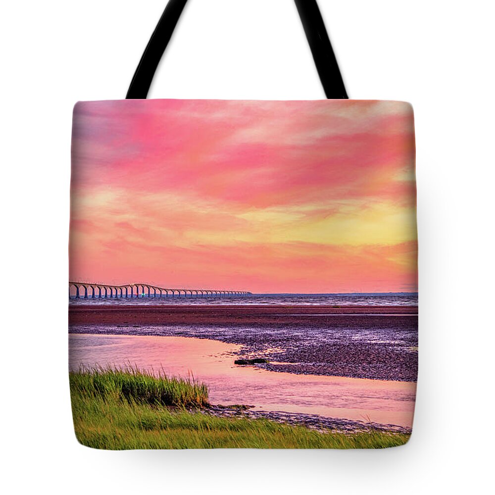 Pei Tote Bag featuring the photograph Summer Sunset at Confederation Bridge, Painterly by Marcy Wielfaert