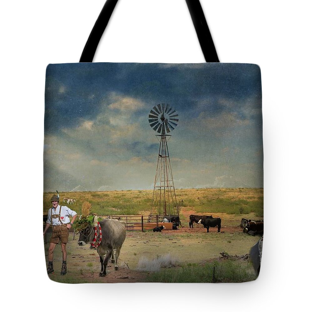 Cows Tote Bag featuring the mixed media Summertime on the Country Farm by Eva Lechner