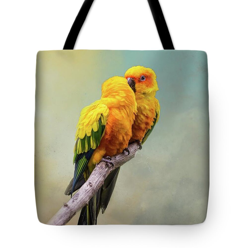 Sun Parakeet Tote Bag featuring the photograph Sun Parakeets Love by Eva Lechner