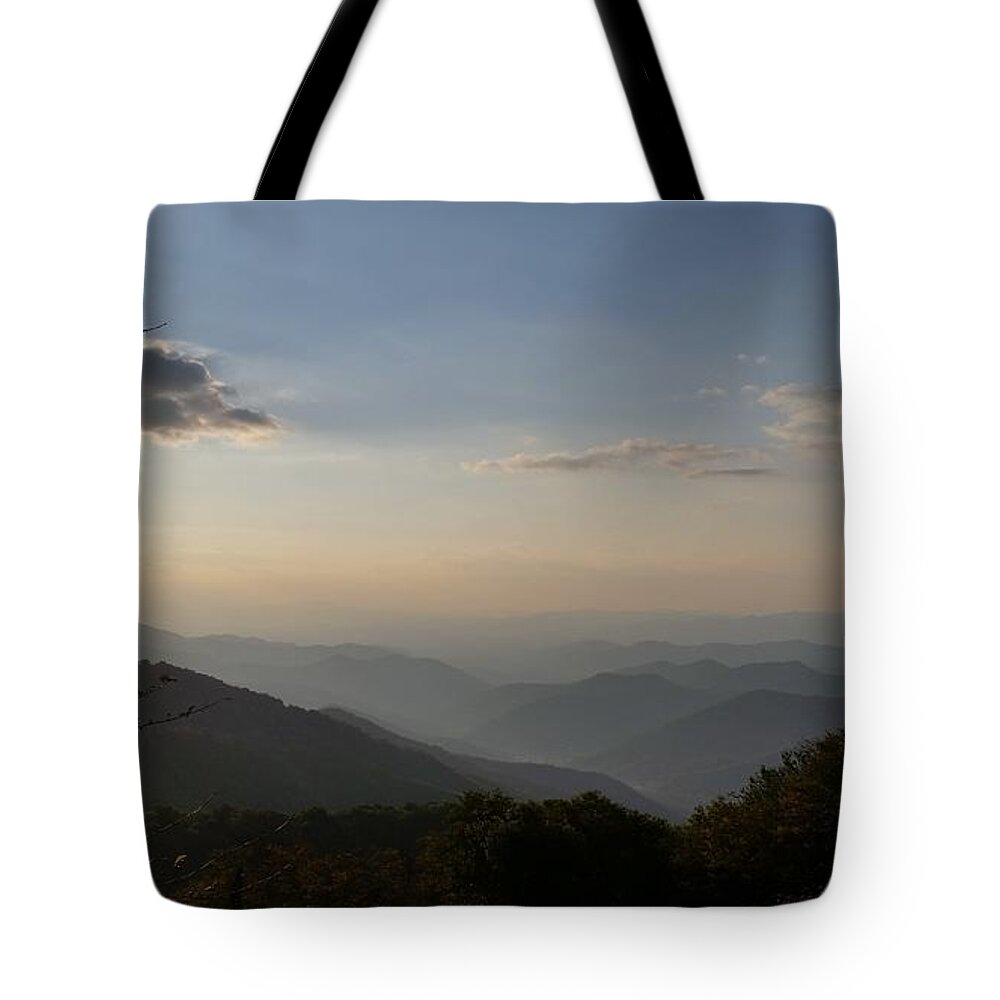 Blue Ridge Tote Bag featuring the photograph Sun setting on Blue Ridge Mountain Overlook by Stacie Siemsen