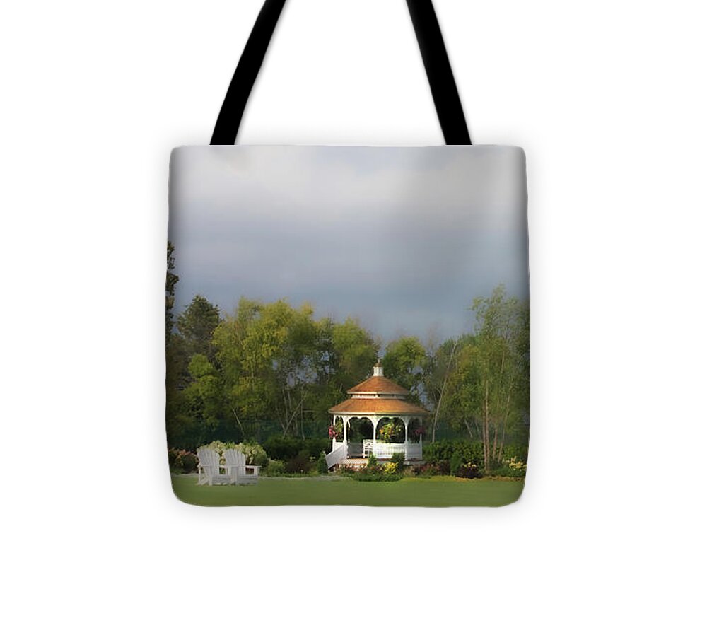 Gazebo Tote Bag featuring the photograph Sun Shines at the Gazebo by Diane Lindon Coy
