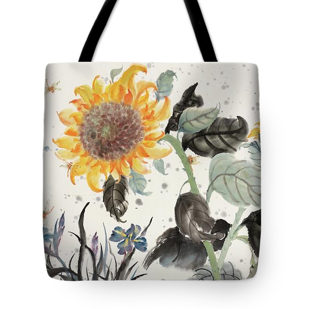 Chinese Watercolor Tote Bag featuring the painting Sunflower and Dragonfly by Jenny Sanders