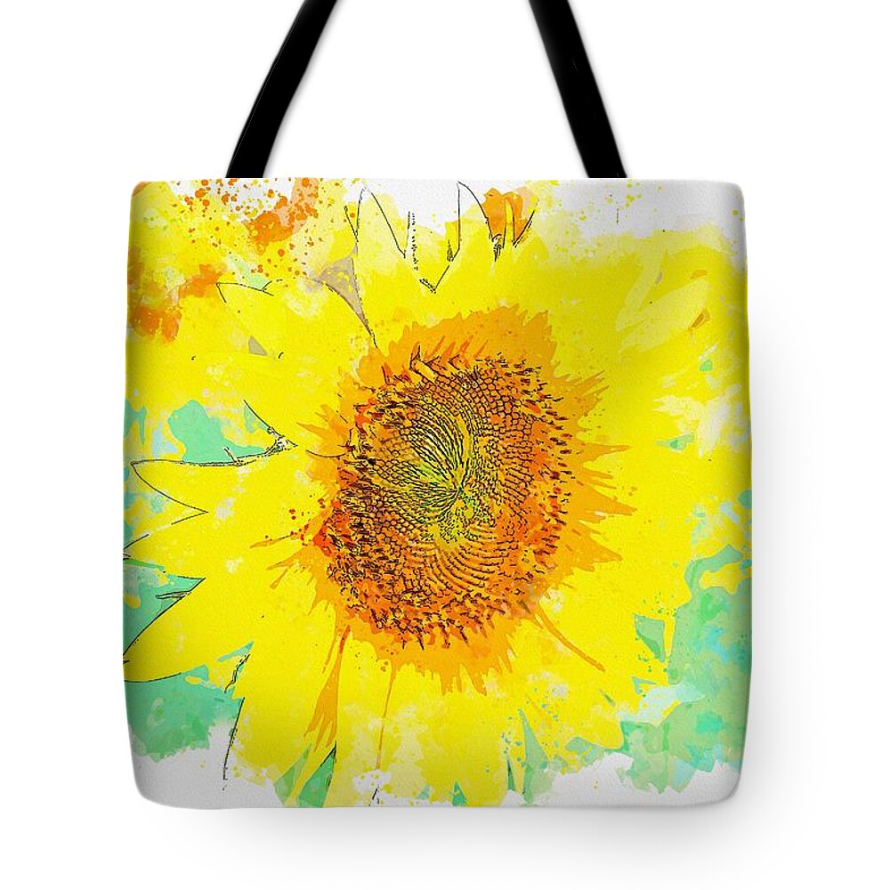Sunflower Tote Bag featuring the painting Sunflower Plant Flower Nature Agriculture Field watercolor by Ahmet Asar by Celestial Images