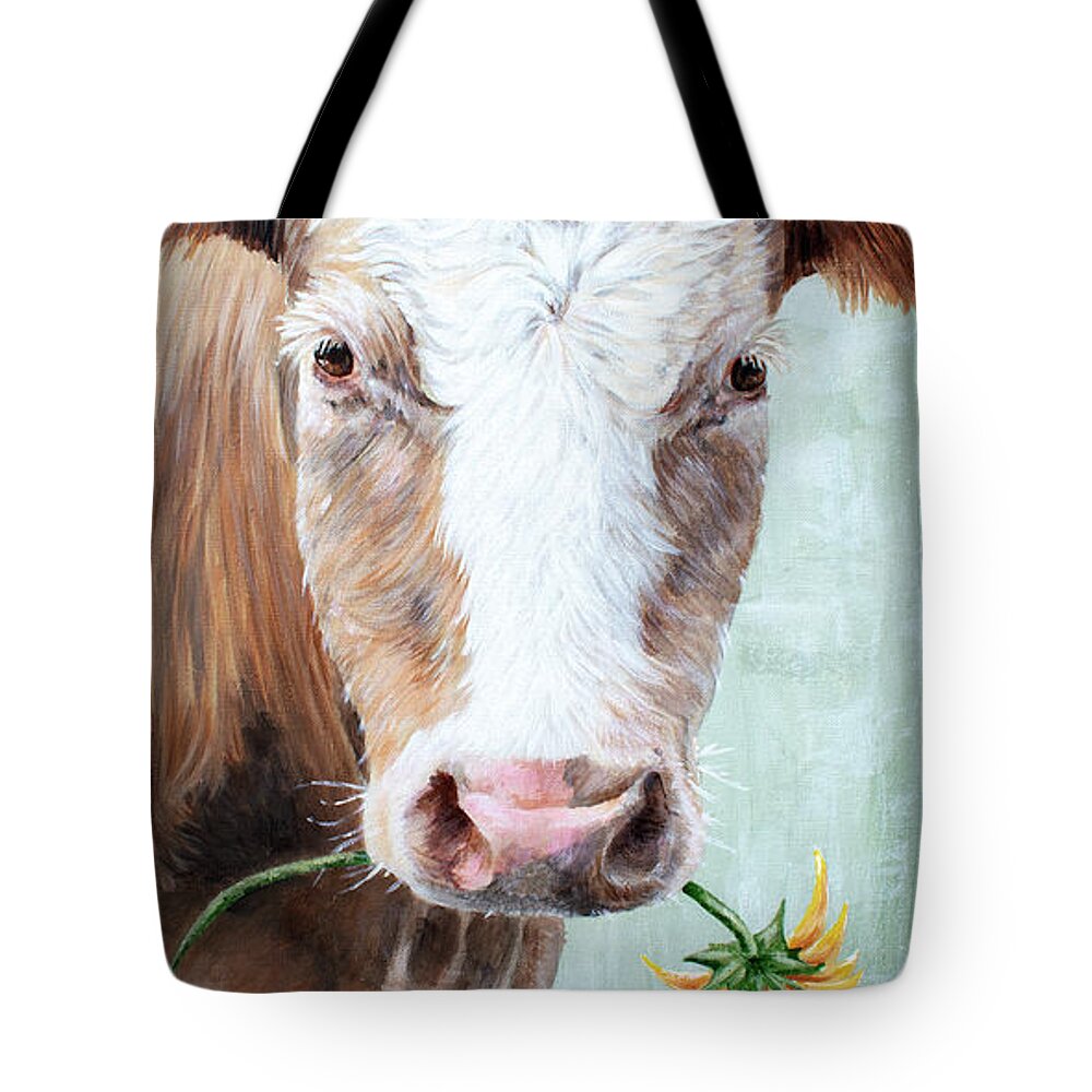 Cow Painting Tote Bag featuring the painting My Sunflower - Cow Painting by Annie Troe