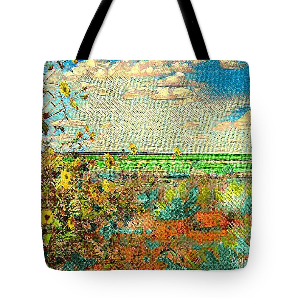 Sunflowers On The Edge Of The Field Summer's Over And The Black Eyed Susans Are Telling Us To Celebrate The Harvest Tote Bag featuring the digital art Sunflowers on the edge by Annie Gibbons