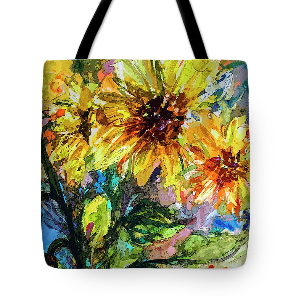 Sunflowers Tote Bag featuring the mixed media Sunflowers Summer Flowers Mixed Media by Ginette Callaway