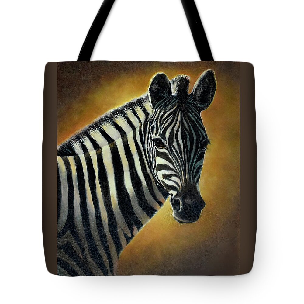Zebra Tote Bag featuring the painting Sunkissed Zebra by Lynne Pittard