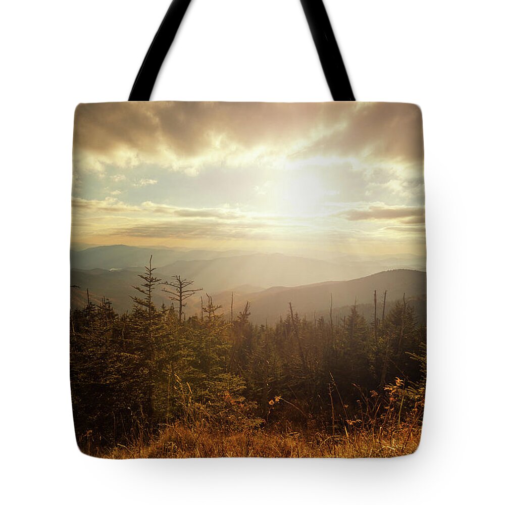 Scenics Tote Bag featuring the photograph Sunlight In The Mountains by Moreiso