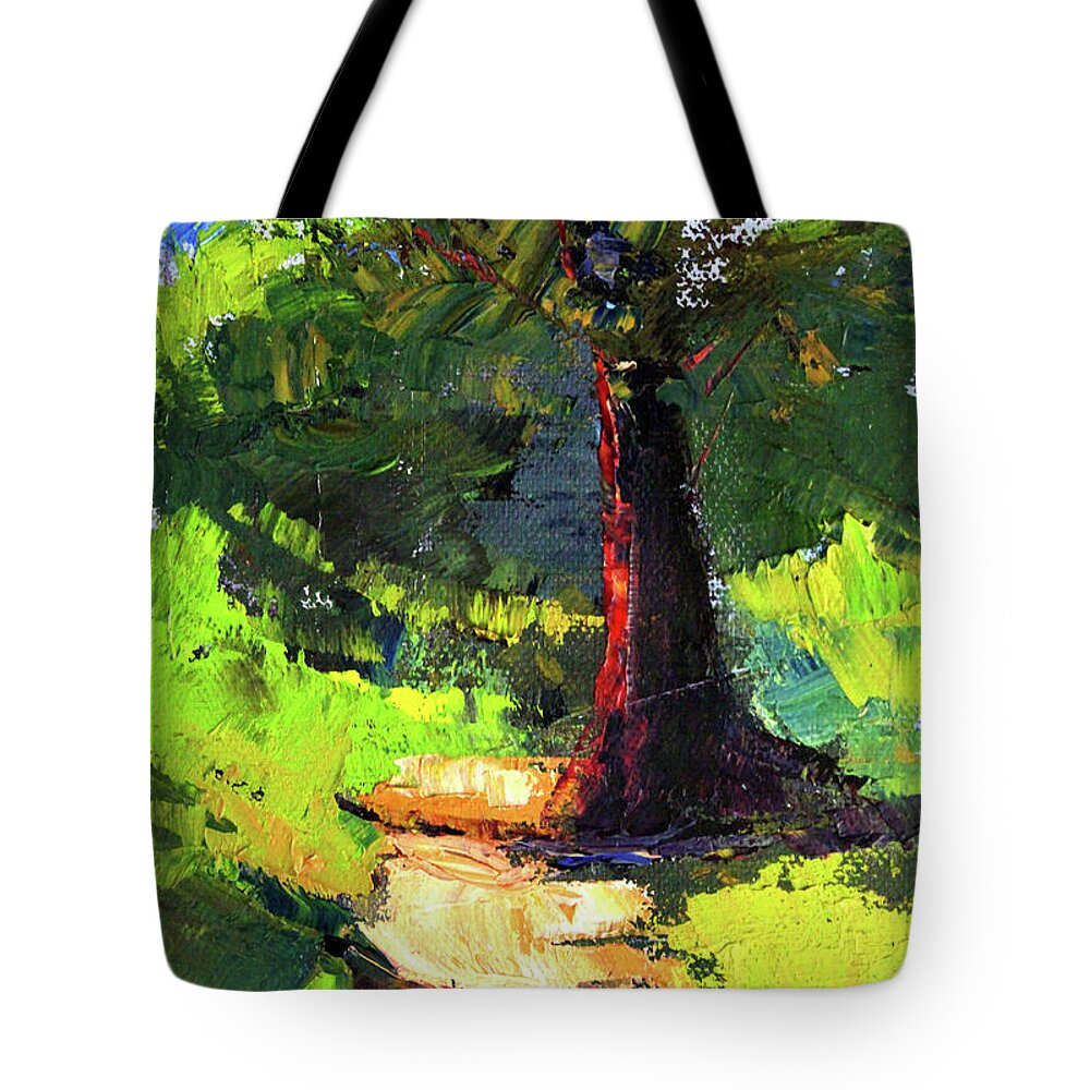 Summer Trail Tote Bag featuring the painting Sunny Summer Trail by Nancy Merkle