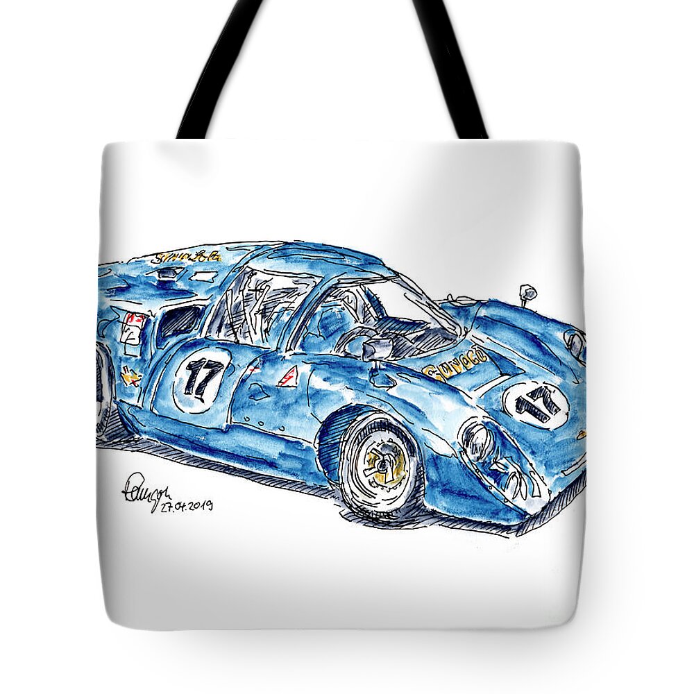 Sunoco Lola T70 Tote Bag featuring the drawing Sunoco Lola T70 Classic Racecar Ink Drawing and Watercolor by Frank Ramspott
