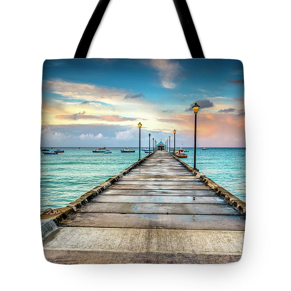 Oistins Tote Bag featuring the photograph Sunrise At Oistins Jetty by Hugh Walker
