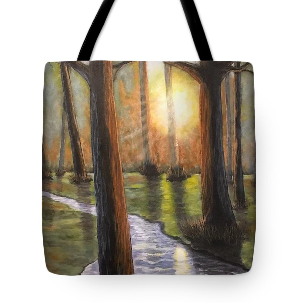 Tree Tote Bag featuring the painting Sunrise Creek II by Dan Wagner