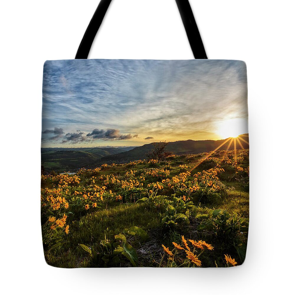 Sunrise In The Gorge Tote Bag featuring the photograph Sunrise in the Gorge by Wes and Dotty Weber