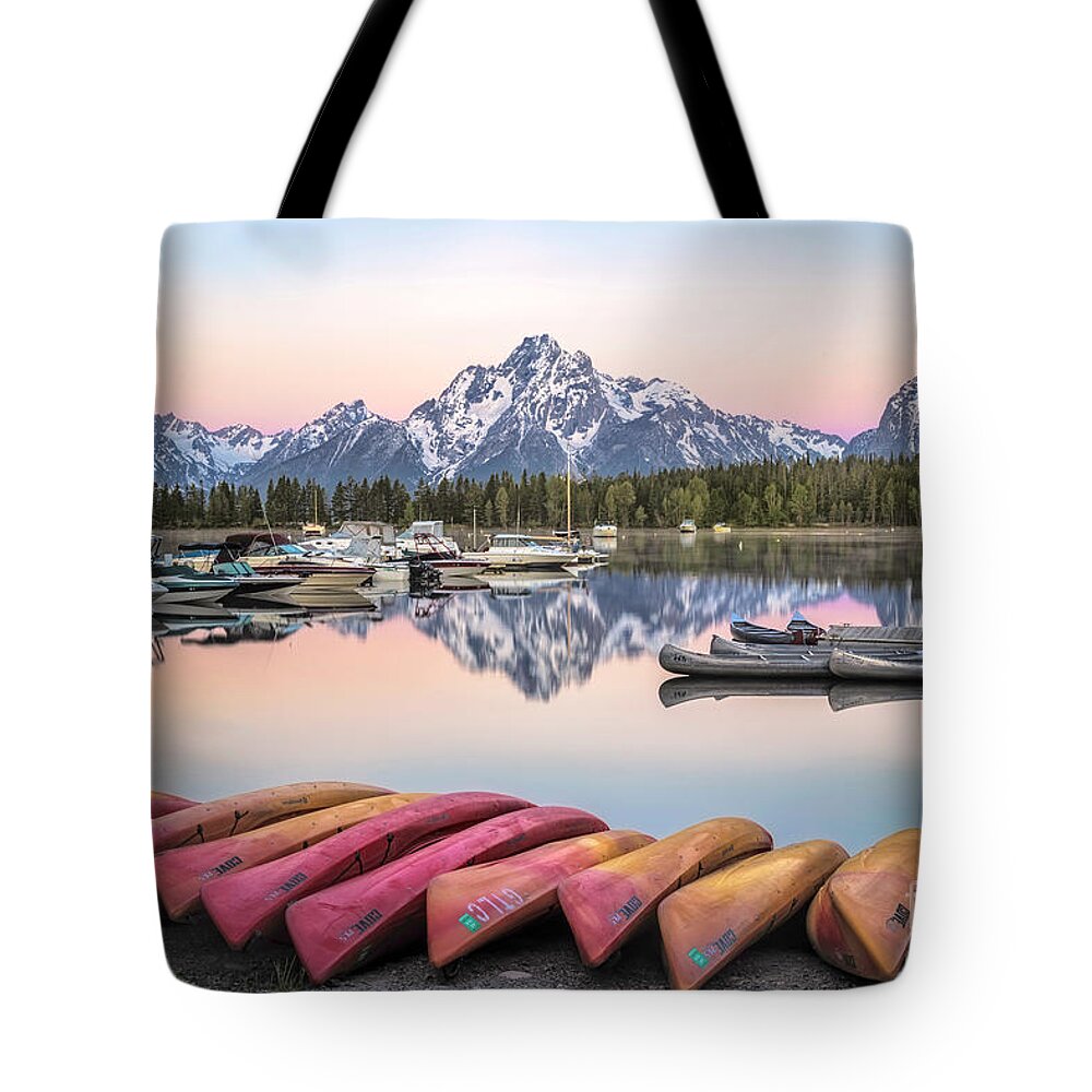 Colter Bay Tote Bag featuring the photograph Sunrise on Colter Bay Marina by Ronda Kimbrow