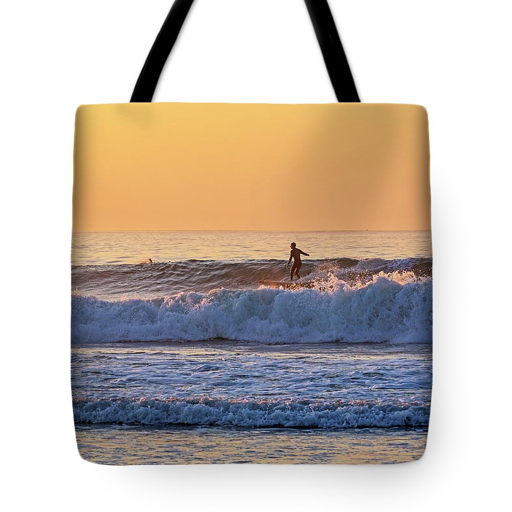 Kennebunk Tote Bag featuring the photograph Sunrise Surfer Gooch's Beach Kennebunk Maine New England Golden Sky by Toby McGuire