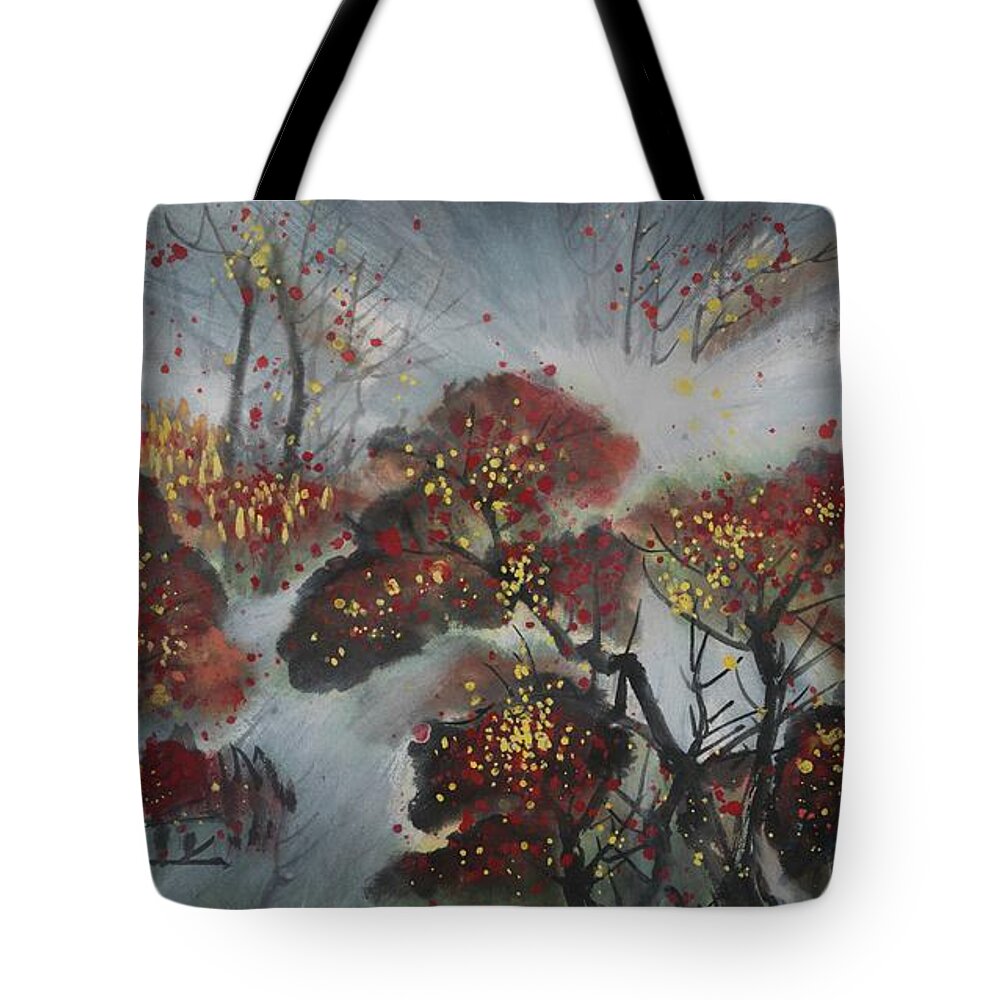 Chinese Watercolor Tote Bag featuring the painting Sunrise Through the Mist by Jenny Sanders