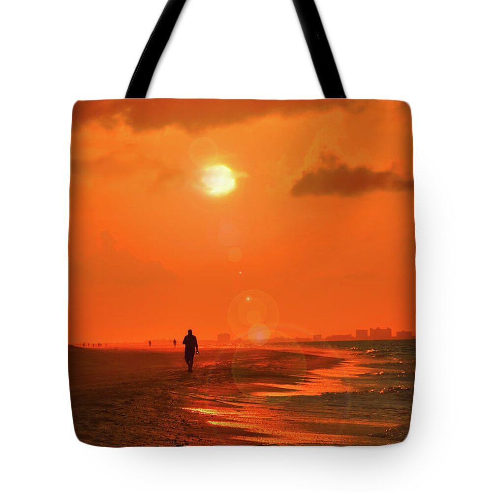 Sunrise Tote Bag featuring the photograph Sunrise Walk on Sanibel Island by Jeff Breiman
