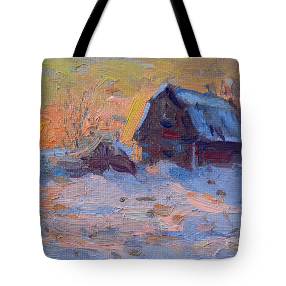 Sunset Tote Bag featuring the painting Sunset and Snow in the Farm by Ylli Haruni