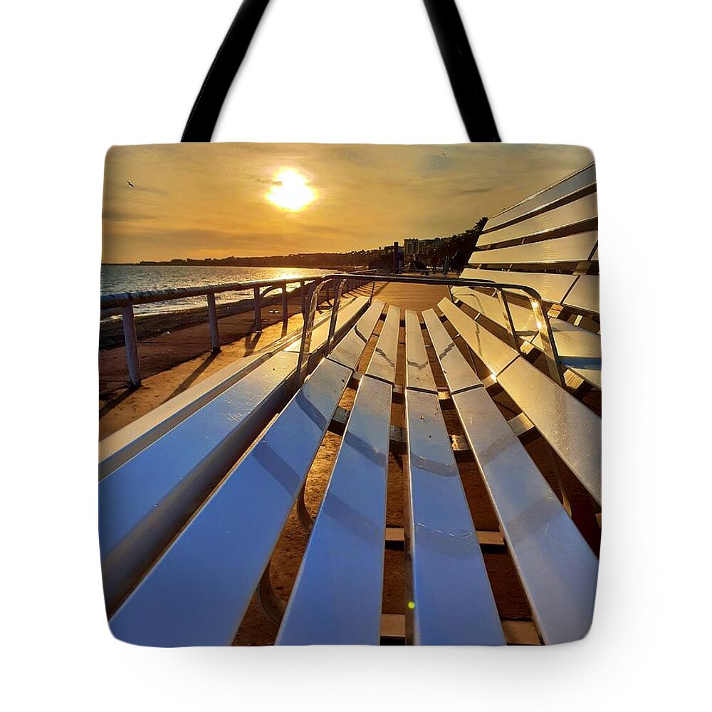 Sunset Tote Bag featuring the photograph Sunset Bench by Andrea Whitaker