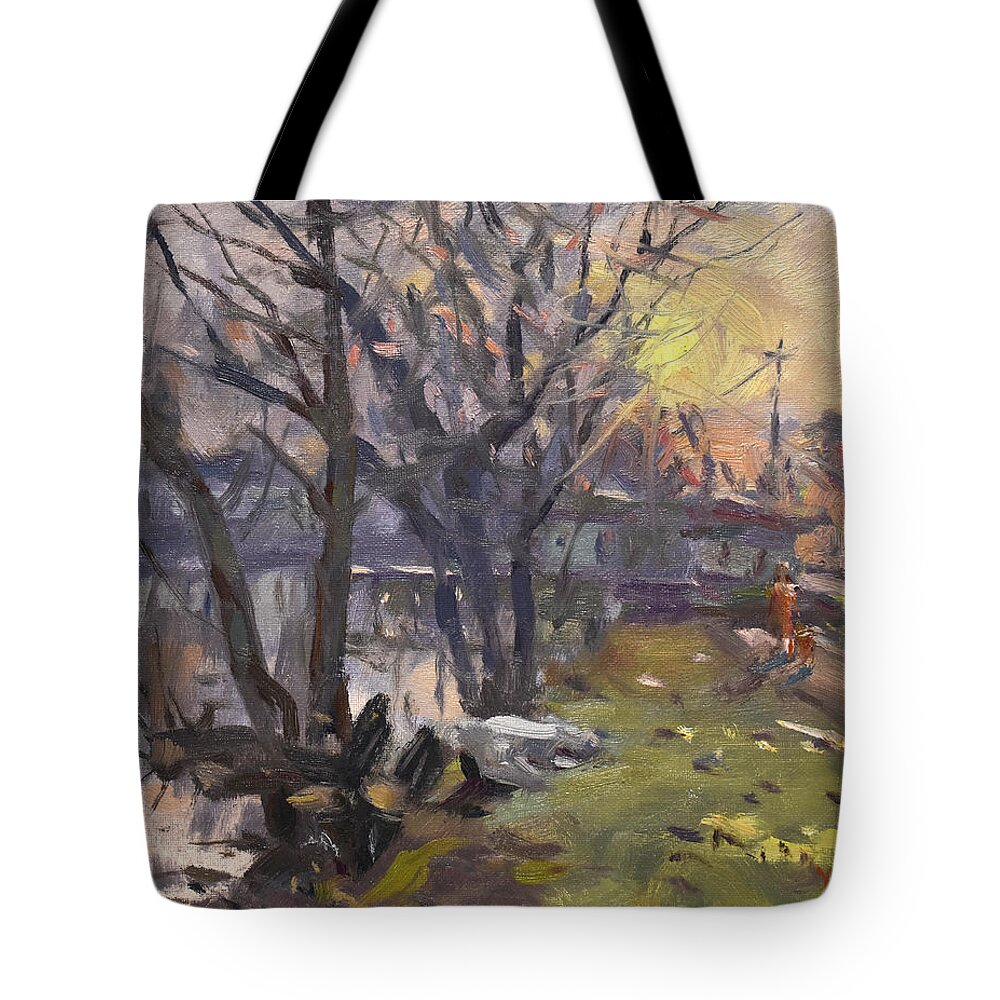 Sunset Tote Bag featuring the painting Sunset by Canal Tonawanda by Ylli Haruni