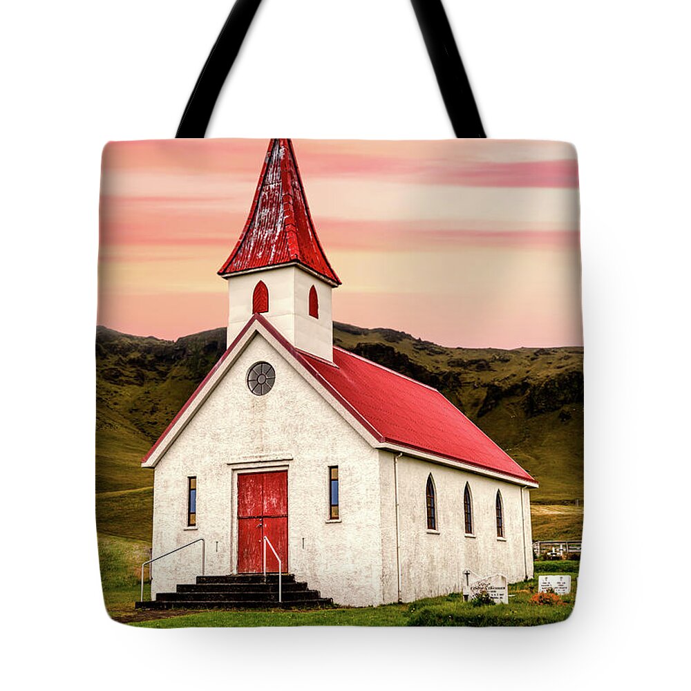 Church Tote Bag featuring the photograph Sunset Chapel of Iceland by David Letts