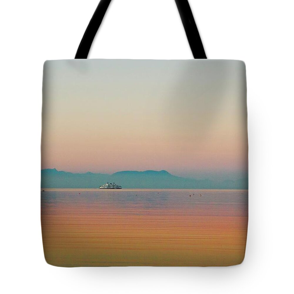 Ferry To The Mainland Crossing By Gabriola Island View From Descano Bay. At Sunset. Tote Bag featuring the photograph Sunset Gabriola by Brian Sereda
