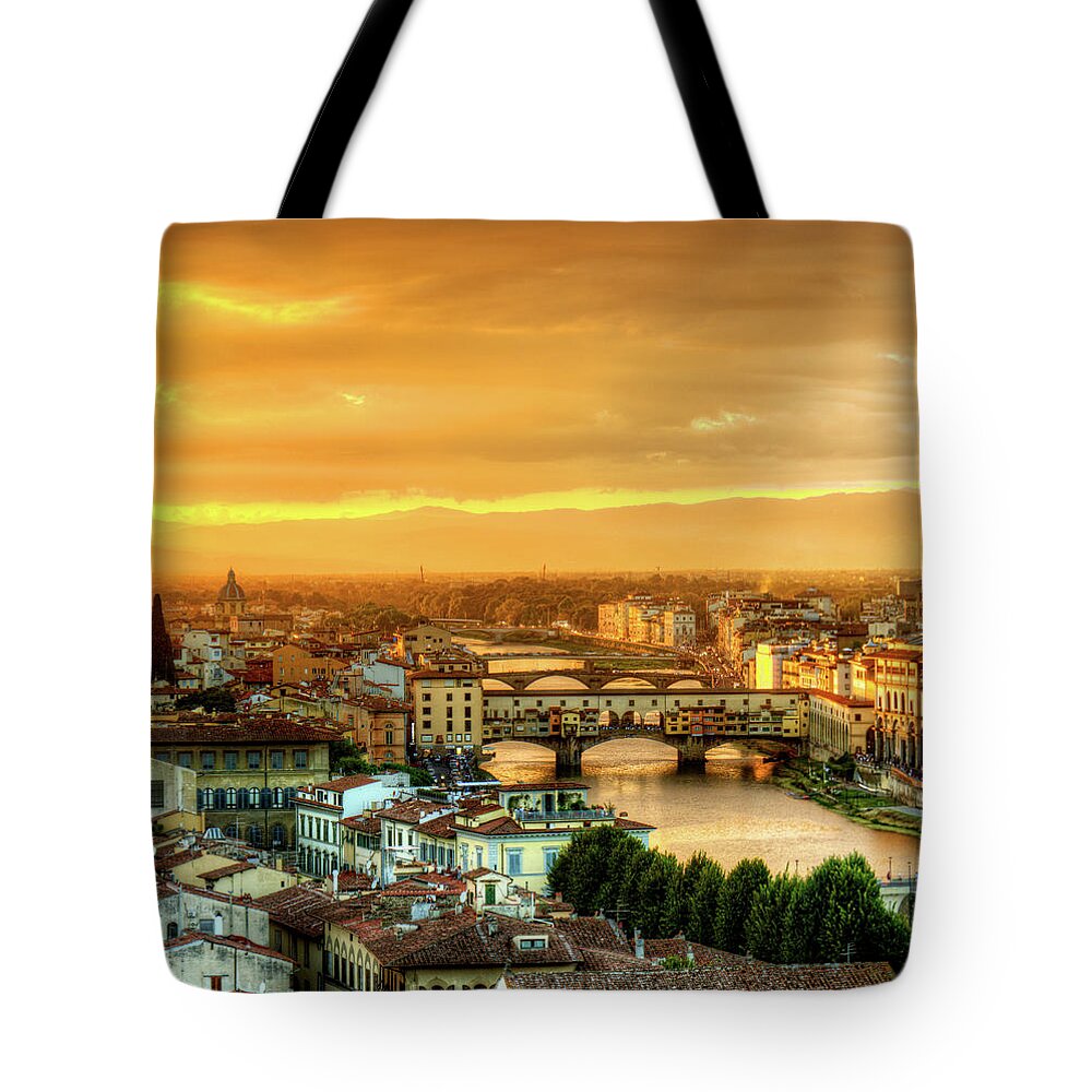 Florence Tote Bag featuring the photograph Sunset in Florence Triptych 1 - Ponte Vecchio by Weston Westmoreland