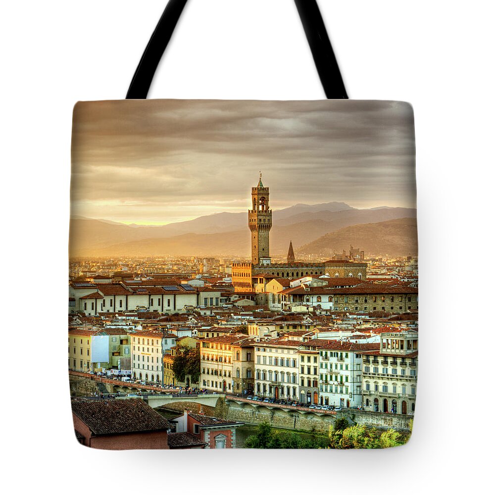 Florence Tote Bag featuring the photograph Sunset in Florence Triptych 2 - Palazzo Vecchio by Weston Westmoreland