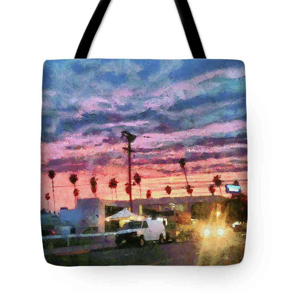 Sunset Tote Bag featuring the digital art Sunset in Santa Monica by Bernie Sirelson