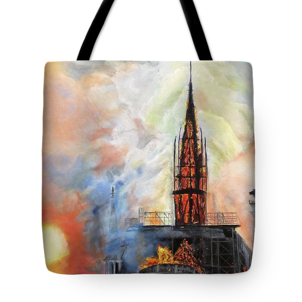 Notre Dame Tote Bag featuring the painting Sunset on Notre Dame by Kate Conaboy
