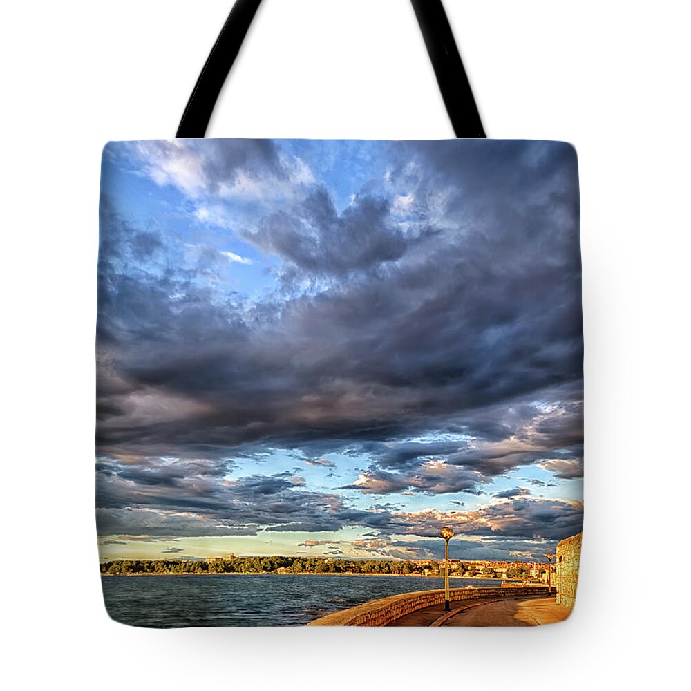 Quay Tote Bag featuring the photograph Sunset on the streets of Porec by Vivida Photo PC