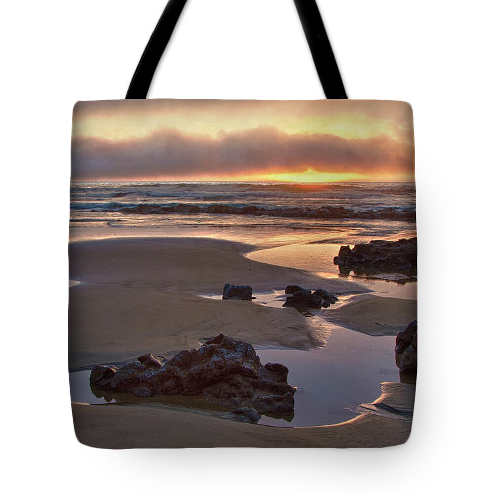 Water's Edge Tote Bag featuring the photograph Sunset Over Strand Beach by Mimi Ditchie Photography