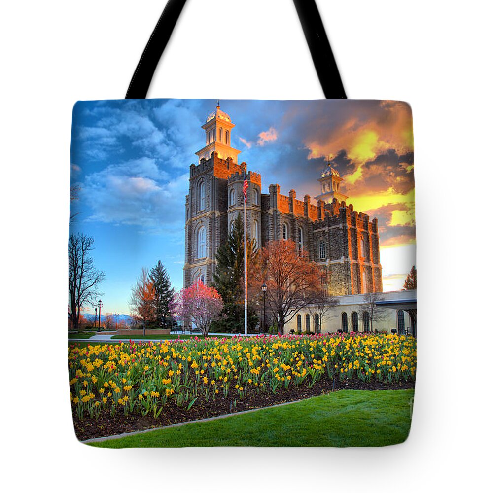 Logan Temple Tote Bag featuring the photograph Sunset Over The Logan Utah Temple by Adam Jewell